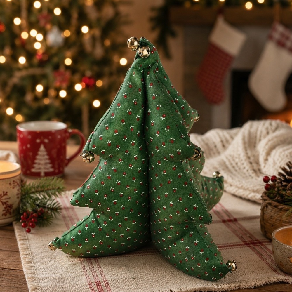 Vintage‎ 3D Stuffed Fabric Christmas Tree Hand Crafted Plush w Bells Table Top